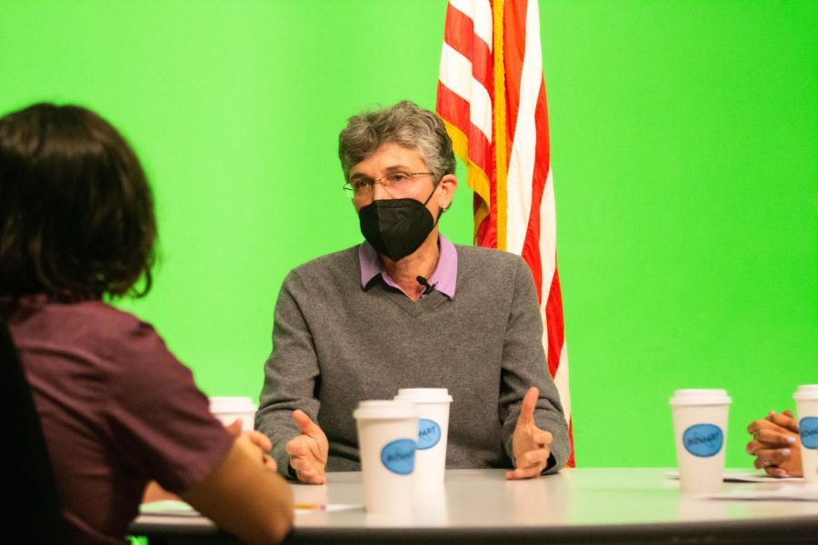 Jamie Mcleod-Skinner, democratic candidate in the Fifth District Congressional, in the studio at Schellenberg.