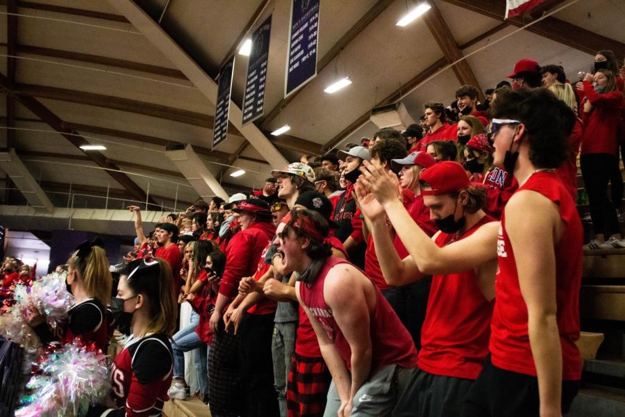 Clackamas+students+pack+the+stands+with+school+spirit+in+support+of+their+girls+basketball+team.