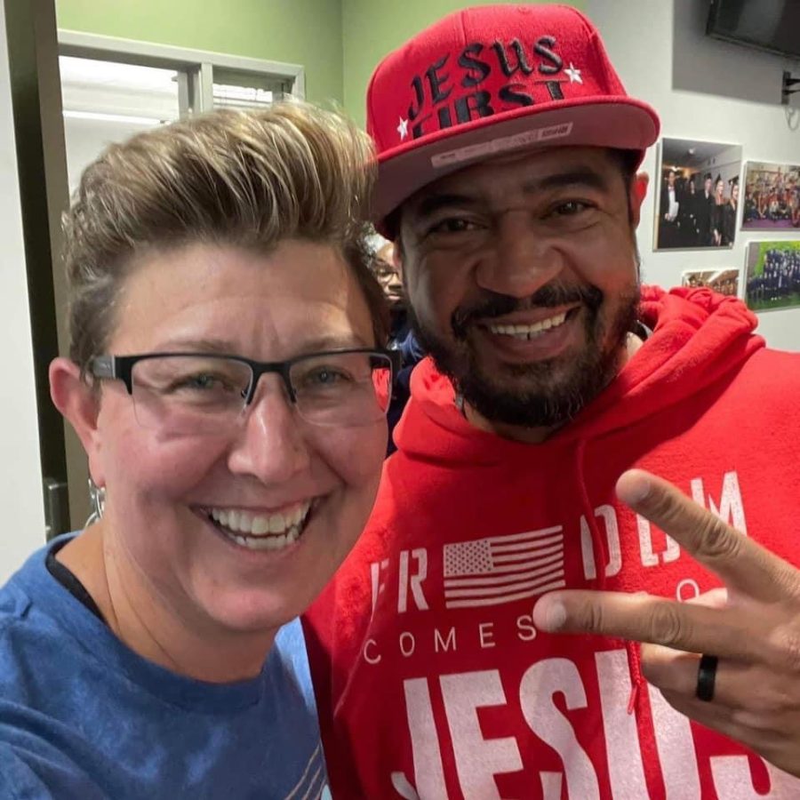 Candidate Aimee Reiner with Patriot Prayer member Quincy Franklin.